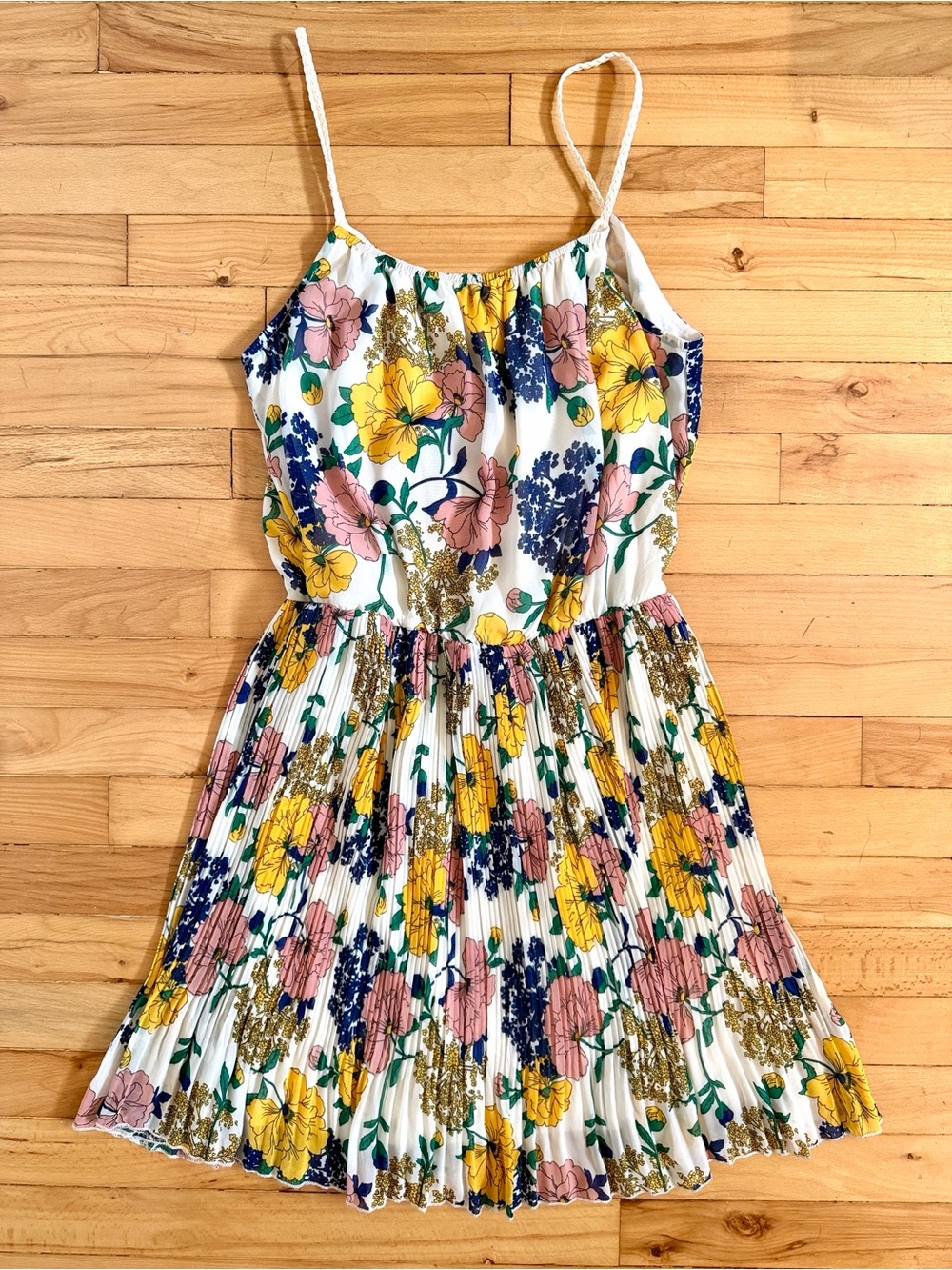 Floral Pleated White Mini Dress with Yellow, Pink & Blue Blooms